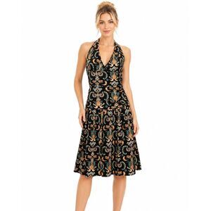 Nicole Miller Collection Archival 92% Silk Stretch Halter Midi Damask Dress Sz 4
